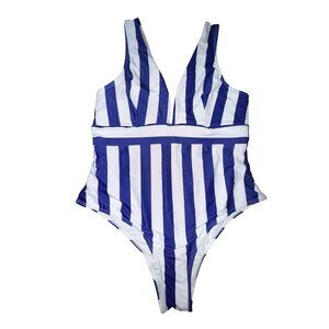 Striped Blue & White One-Piece Swimsuit XL Swimwear Beach Pool Bathing Suit Cute